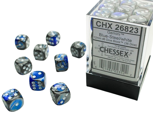 Chessex Gemini- 12mm D6 Dice Block -Blue-Steel/White