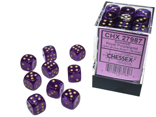 Chessex - Borealis 12mm D6 Dice Block - Luminary Royal Purple & Gold Dice Block